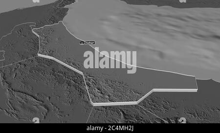 Zoom in on Al Batinah North (region of Oman) extruded. Oblique perspective. Bilevel elevation map with surface waters. 3D rendering Stock Photo