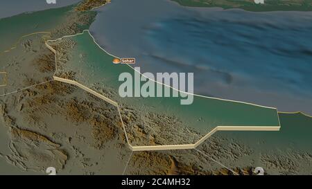 Zoom in on Al Batinah North (region of Oman) extruded. Oblique perspective. Topographic relief map with surface waters. 3D rendering Stock Photo