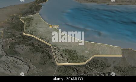 Zoom in on Al Batinah North (region of Oman) extruded. Oblique perspective. Satellite imagery. 3D rendering Stock Photo