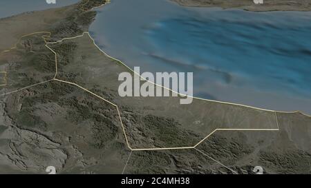 Zoom in on Al Batinah North (region of Oman) outlined. Oblique perspective. Satellite imagery. 3D rendering Stock Photo