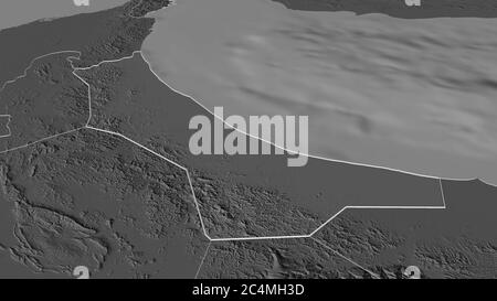 Zoom in on Al Batinah North (region of Oman) outlined. Oblique perspective. Bilevel elevation map with surface waters. 3D rendering Stock Photo