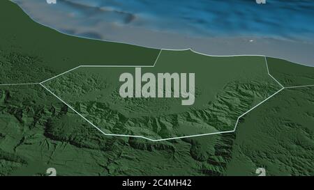 Zoom in on Al Batinah South (region of Oman) outlined. Oblique perspective. Colored and bumped map of the administrative division with surface waters. Stock Photo