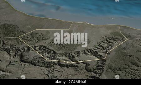 Zoom in on Al Batinah South (region of Oman) outlined. Oblique perspective. Satellite imagery. 3D rendering Stock Photo