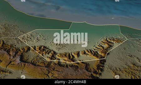 Zoom in on Al Batinah South (region of Oman) outlined. Oblique perspective. Topographic relief map with surface waters. 3D rendering Stock Photo