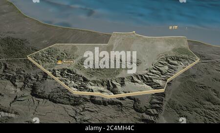 Zoom in on Al Batinah South (region of Oman) extruded. Oblique perspective. Satellite imagery. 3D rendering Stock Photo