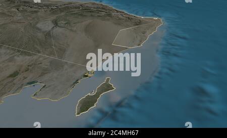 Zoom in on Ash Sharqiyah South (region of Oman) outlined. Oblique perspective. Satellite imagery. 3D rendering Stock Photo