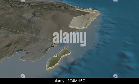 Zoom in on Ash Sharqiyah South (region of Oman) extruded. Oblique perspective. Satellite imagery. 3D rendering Stock Photo