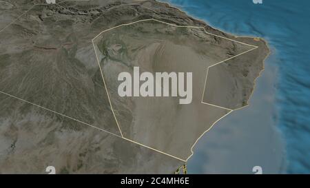 Zoom in on Ash Sharqiyah North (region of Oman) outlined. Oblique perspective. Satellite imagery. 3D rendering Stock Photo