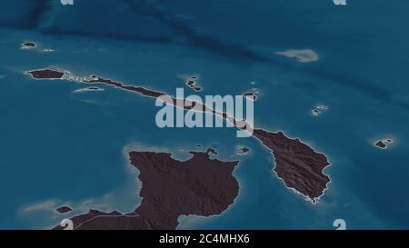 Zoom in on New Ireland (province of Papua New Guinea) outlined. Oblique perspective. Colored and bumped map of the administrative division with surfac Stock Photo