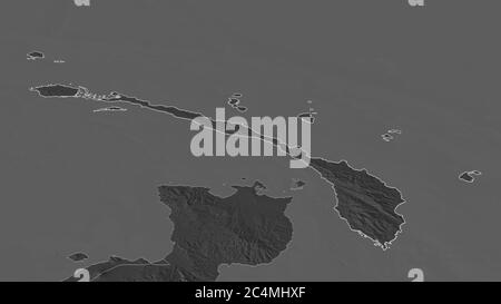 Zoom in on New Ireland (province of Papua New Guinea) outlined. Oblique perspective. Bilevel elevation map with surface waters. 3D rendering Stock Photo