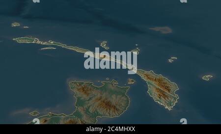 Zoom in on New Ireland (province of Papua New Guinea) outlined. Oblique perspective. Topographic relief map with surface waters. 3D rendering Stock Photo