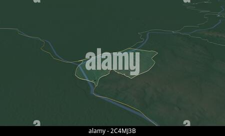 Zoom in on Asunción (capital district of Paraguay) outlined. Oblique perspective. Topographic relief map with surface waters. 3D rendering Stock Photo