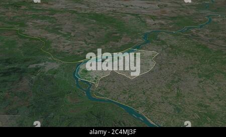 Zoom in on Asunción (capital district of Paraguay) outlined. Oblique perspective. Satellite imagery. 3D rendering Stock Photo