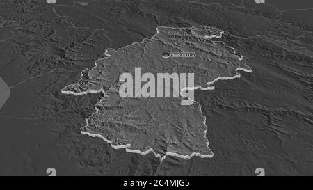 Zoom in on Huancavelica (region of Peru) extruded. Oblique perspective. Bilevel elevation map with surface waters. 3D rendering Stock Photo