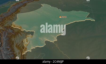 Zoom in on Loreto (region of Peru) extruded. Oblique perspective. Topographic relief map with surface waters. 3D rendering Stock Photo