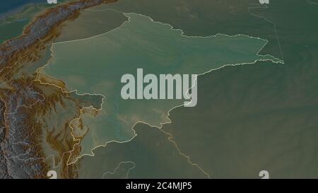 Zoom in on Loreto (region of Peru) outlined. Oblique perspective. Topographic relief map with surface waters. 3D rendering Stock Photo