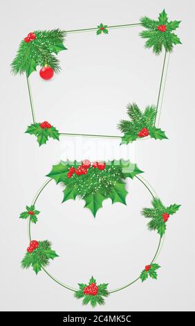 Vector set abstract frames of fir branches, holly with leaves and red berries. Christmas party decor . Stock Vector