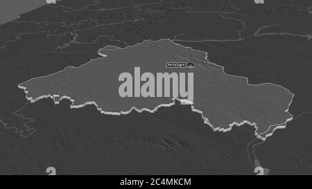 Zoom in on Portalegre (district of Portugal) extruded. Oblique perspective. Bilevel elevation map with surface waters. 3D rendering Stock Photo
