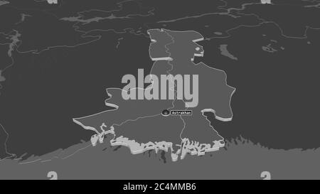 Zoom in on Astrakhan' (region of Russia) extruded. Oblique perspective. Bilevel elevation map with surface waters. 3D rendering Stock Photo