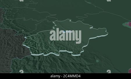 Zoom in on Chechnya (republic of Russia) extruded. Oblique perspective. Colored and bumped map of the administrative division with surface waters. 3D Stock Photo