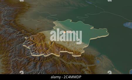Zoom in on Chechnya (republic of Russia) extruded. Oblique perspective. Topographic relief map with surface waters. 3D rendering Stock Photo