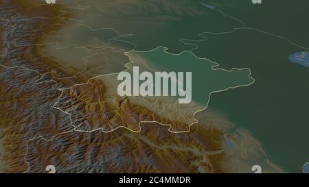 Zoom in on Chechnya (republic of Russia) outlined. Oblique perspective. Topographic relief map with surface waters. 3D rendering Stock Photo
