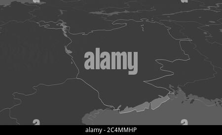 Zoom in on Kalmyk (republic of Russia) outlined. Oblique perspective. Bilevel elevation map with surface waters. 3D rendering Stock Photo