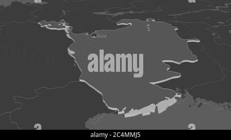 Zoom in on Kalmyk (republic of Russia) extruded. Oblique perspective. Bilevel elevation map with surface waters. 3D rendering Stock Photo