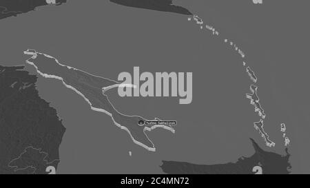 Zoom in on Sakhalin (region of Russia) extruded. Oblique perspective. Bilevel elevation map with surface waters. 3D rendering Stock Photo