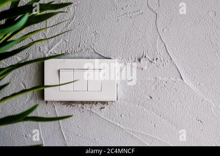 An isolated clear white light switch on the white grunge texture wall and background with tree foreground Stock Photo