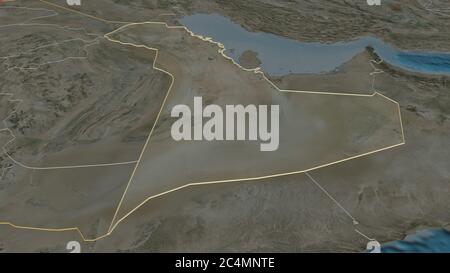 Zoom in on Ash Sharqiyah (region of Saudi Arabia) outlined. Oblique perspective. Satellite imagery. 3D rendering Stock Photo