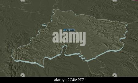 Zoom in on Pomoravski (district of Serbia) extruded. Oblique perspective. Colored and bumped map of the administrative division with surface waters. 3 Stock Photo