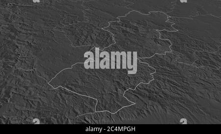 Zoom in on Raški (district of Serbia) outlined. Oblique perspective. Bilevel elevation map with surface waters. 3D rendering Stock Photo