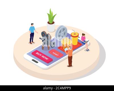 Concept booking movie ticket. men women buy movie ticket online through application on mobile phone tablet laptop devices with isometric 3d flat carto Stock Photo