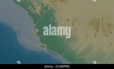 Outlined shape of the Sierra Leone area. Topographic relief map with surface waters. 3D rendering Stock Photo