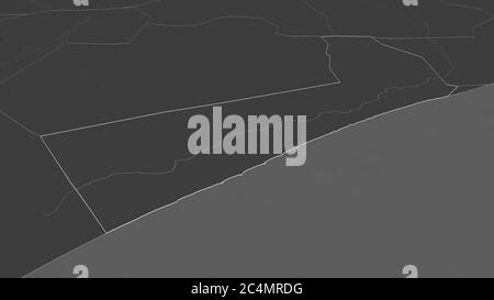 Zoom in on Shabeellaha Hoose (region of Somalia) outlined. Oblique perspective. Bilevel elevation map with surface waters. 3D rendering Stock Photo