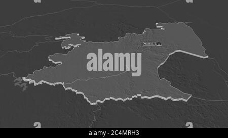 Zoom in on Mpumalanga (province of South Africa) extruded. Oblique perspective. Bilevel elevation map with surface waters. 3D rendering Stock Photo