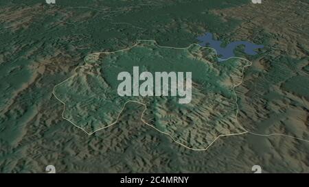 Zoom in on Daejeon (metropolitan city of South Korea) outlined. Oblique perspective. Topographic relief map with surface waters. 3D rendering Stock Photo