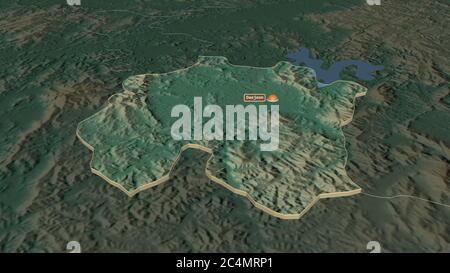 Zoom in on Daejeon (metropolitan city of South Korea) extruded. Oblique perspective. Topographic relief map with surface waters. 3D rendering Stock Photo