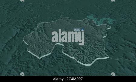 Zoom in on Daejeon (metropolitan city of South Korea) extruded. Oblique perspective. Colored and bumped map of the administrative division with surfac Stock Photo