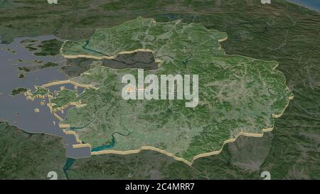 Zoom in on Gyeonggi-do (province of South Korea) extruded. Oblique perspective. Satellite imagery. 3D rendering Stock Photo