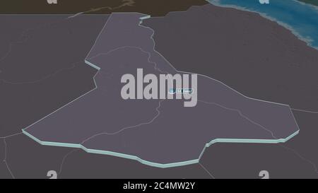 Zoom in on River Nile (state of Sudan) extruded. Oblique perspective. Colored and bumped map of the administrative division with surface waters. 3D re Stock Photo