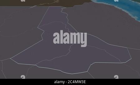 Zoom in on River Nile (state of Sudan) outlined. Oblique perspective. Colored and bumped map of the administrative division with surface waters. 3D re Stock Photo