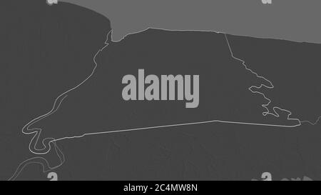 Zoom in on Nickerie (district of Suriname) outlined. Oblique perspective. Bilevel elevation map with surface waters. 3D rendering Stock Photo
