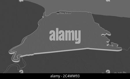 Zoom in on Nickerie (district of Suriname) extruded. Oblique perspective. Bilevel elevation map with surface waters. 3D rendering Stock Photo