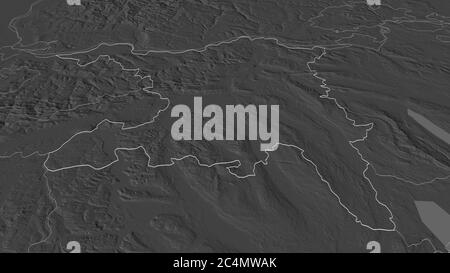 Zoom in on Aargau (canton of Switzerland) outlined. Oblique perspective. Bilevel elevation map with surface waters. 3D rendering Stock Photo