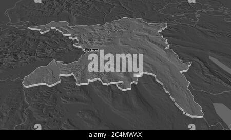 Zoom in on Aargau (canton of Switzerland) extruded. Oblique perspective. Bilevel elevation map with surface waters. 3D rendering Stock Photo