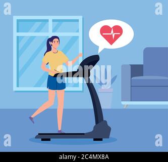 exercise at home, woman running on treadmill, using the house as a gym Stock Vector