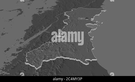 Zoom in on Chumphon (province of Thailand) extruded. Oblique perspective. Bilevel elevation map with surface waters. 3D rendering Stock Photo