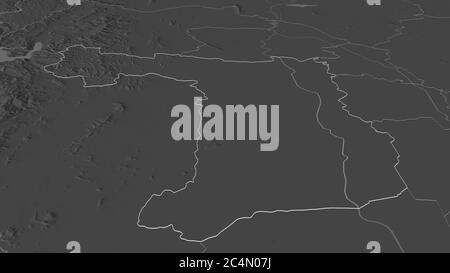 Zoom in on Suphan Buri (province of Thailand) outlined. Oblique perspective. Bilevel elevation map with surface waters. 3D rendering Stock Photo